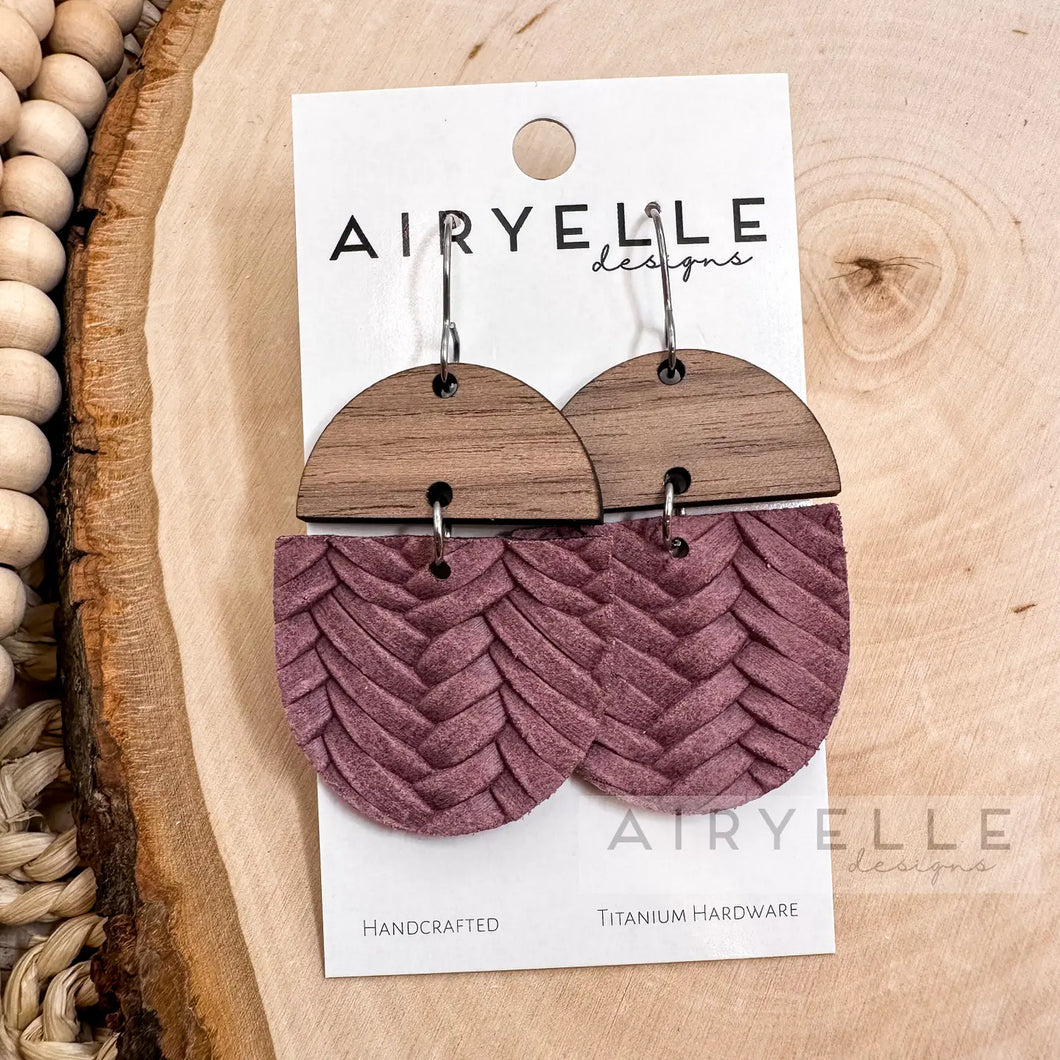 Mauve Braid Embossed Leather + Wood Scoop Earrings