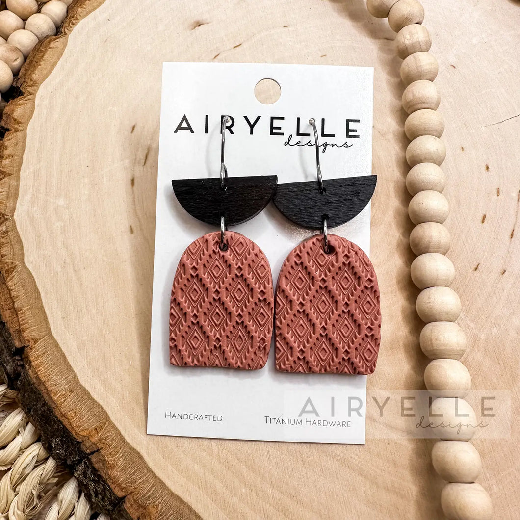 Rustic Aztec Arch Polymer Clay + Black Wood Dangle Earrings