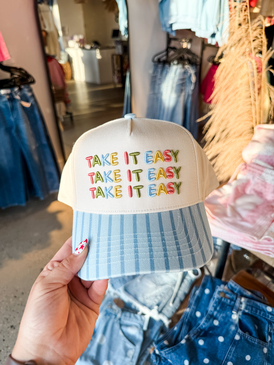 Take It Easy - Blue Striped Trucker Hat