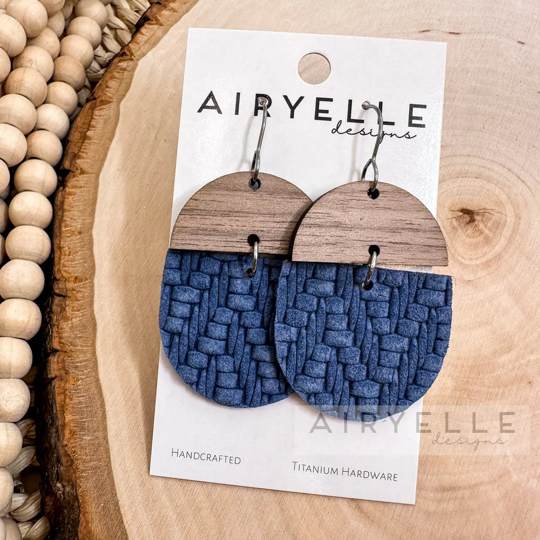 Navy Embossed Sweater Leather + Wood Scoop Earrings