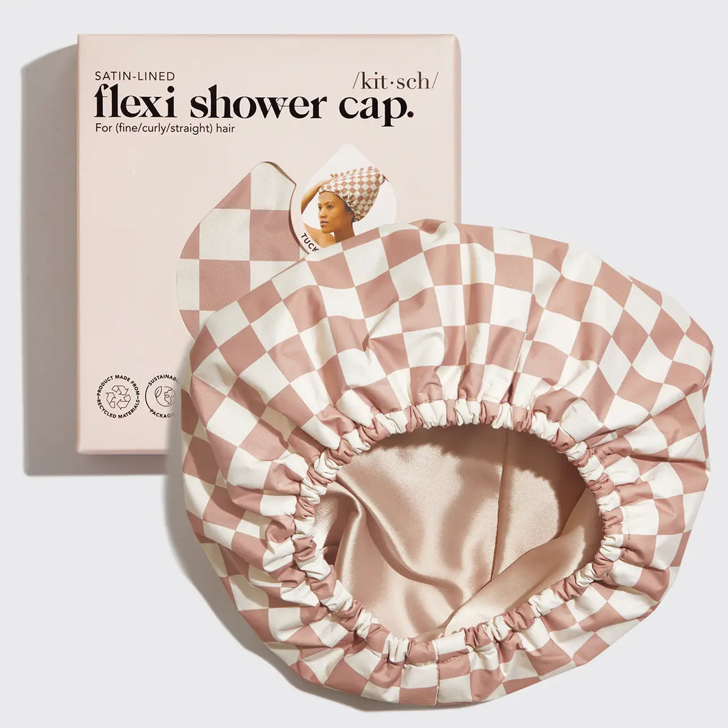 KITSCH: Satin Lined Flexi Shower Cap - Terracotta Checker