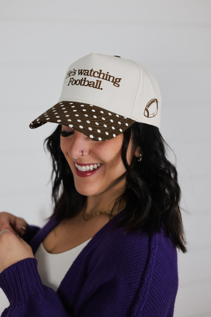 He's Watching Football - Brown Polka Dot Hat