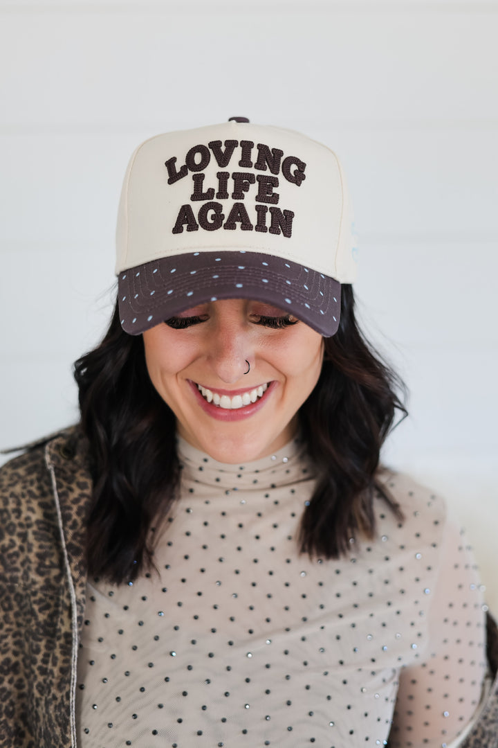 Loving Life Again - Brown & Blue Polka Dot Trucker Hat