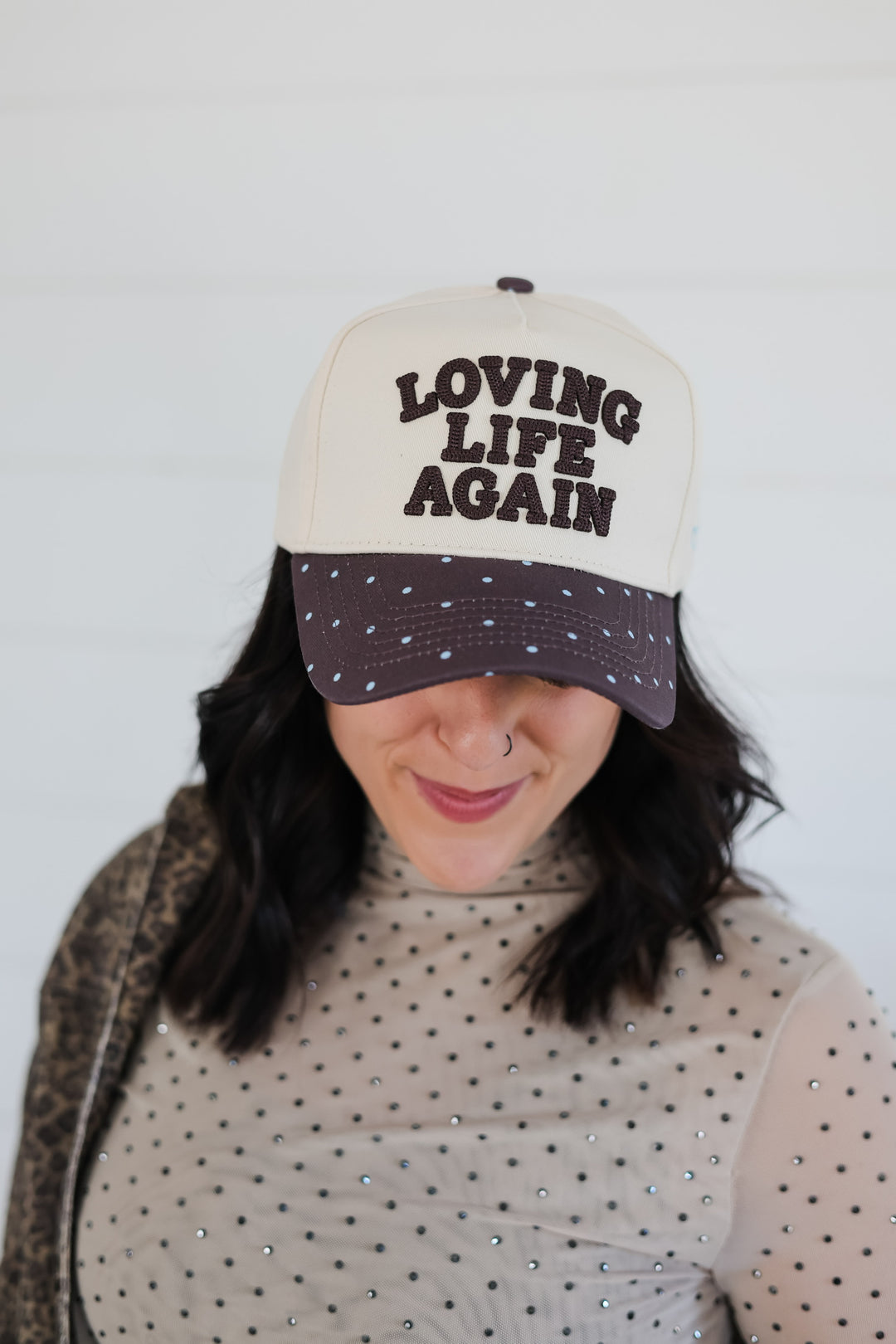 Loving Life Again - Brown & Blue Polka Dot Trucker Hat