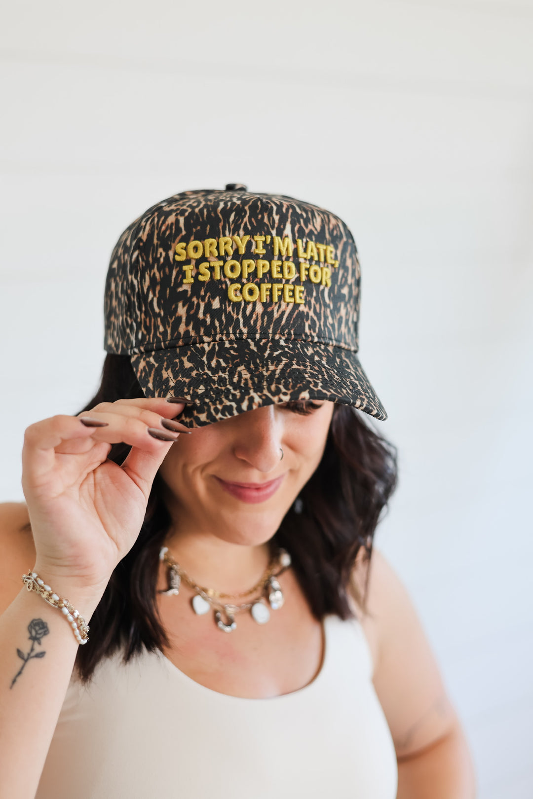 Sorry I'm Late, I Stopped For Coffee - Luxe Leopard Trucker Hat