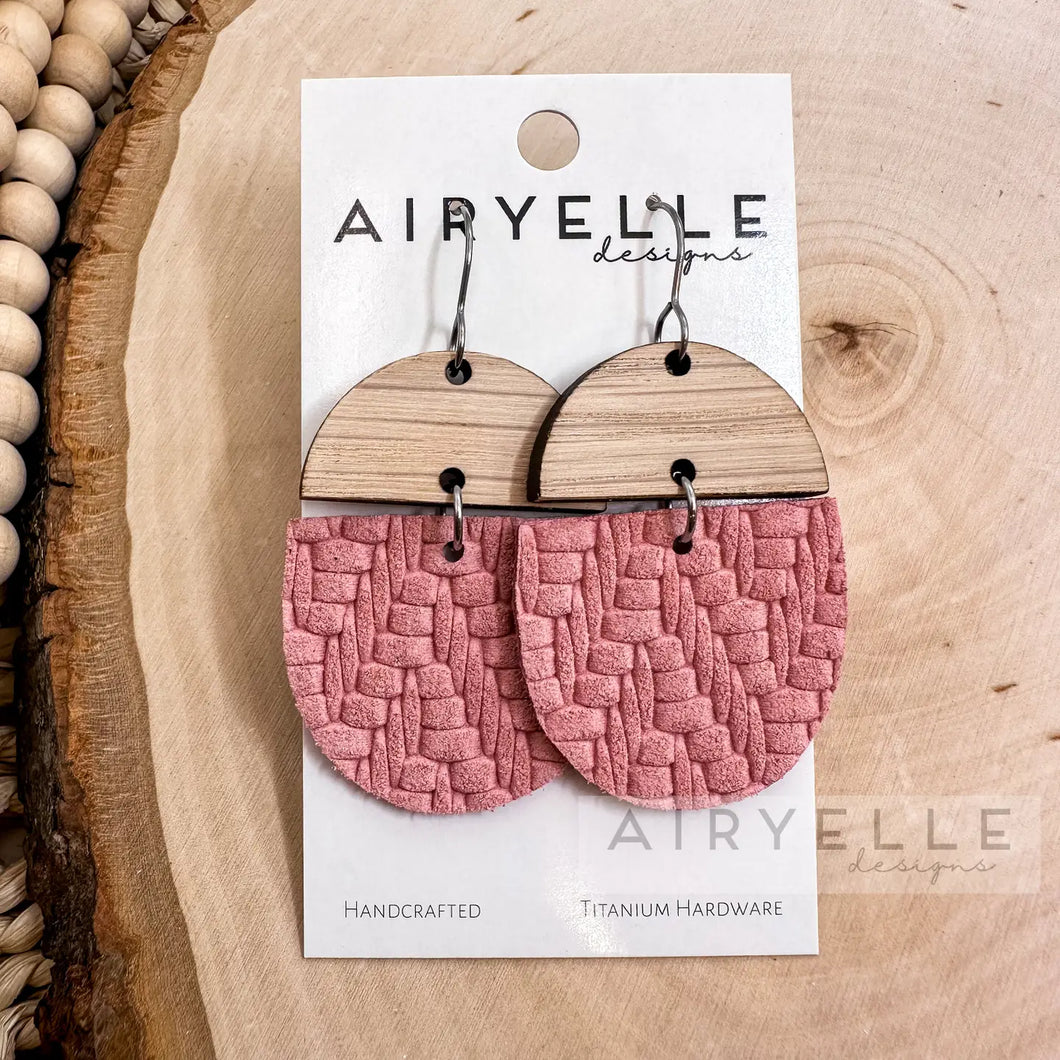 Pretty Pink Embossed Sweater Leather + Wood Scoop Earrings