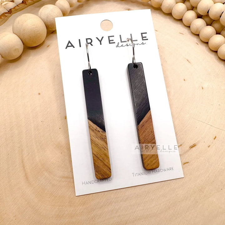 Black Resin + Walnut Wood Bar Earrings