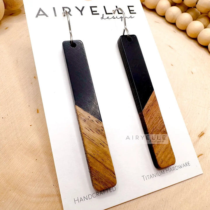 Black Resin + Walnut Wood Bar Earrings