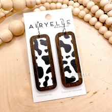 Load image into Gallery viewer, Cow Print Vegan Leather + Wood Bar Earrings
